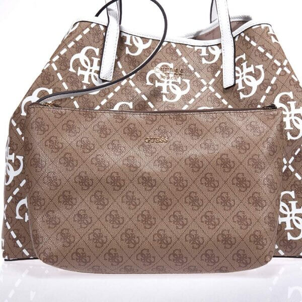 GUESS VIKKY HWOQ6995290 ΜΠΕΖ-ΛΕΥΚΟ SHOPPER ΤΣΑΝΤΑ